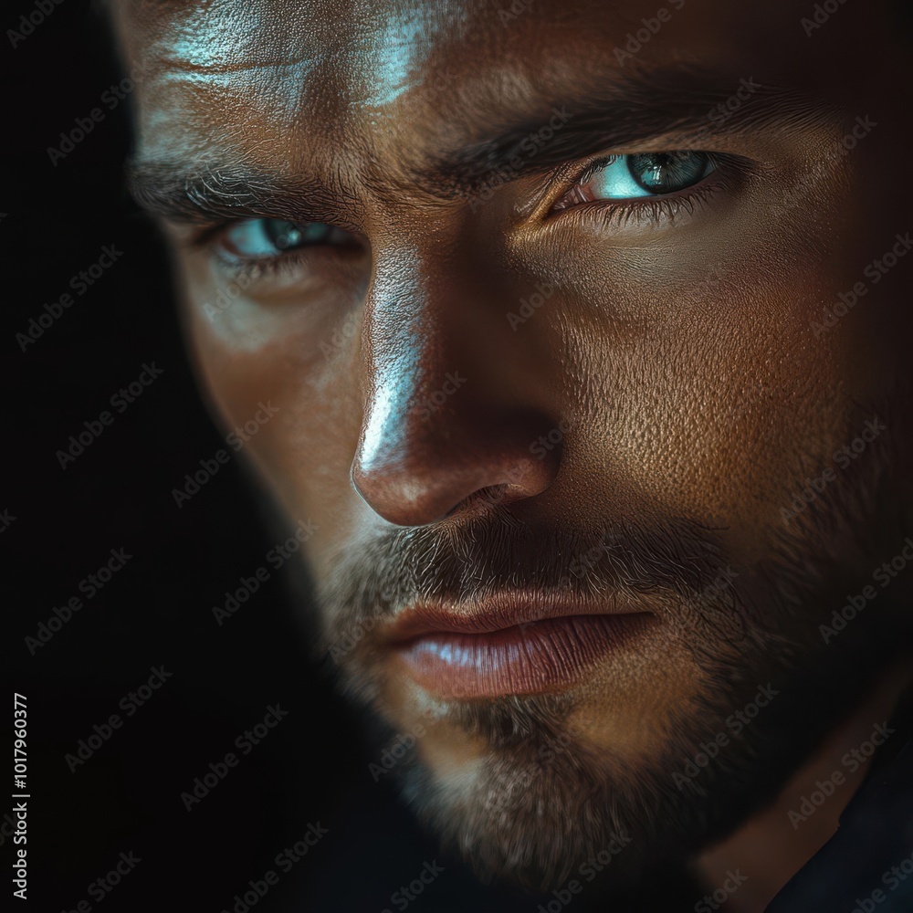 A close-up portrait of a serious man with striking blue eyes and a chiseled face, showcasing intense emotions and strong features.