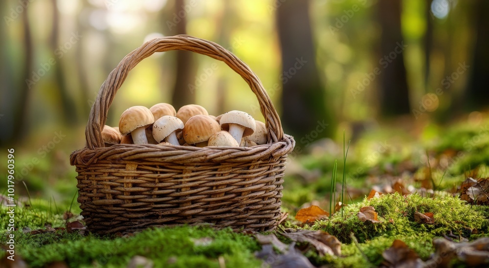 Gathering fresh mushrooms in a woven basket during a sunny autumn afternoon in the forest
