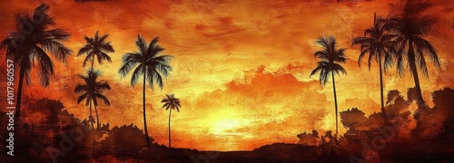 Vibrant sunset over tropical palm trees illuminating the evening sky with war...