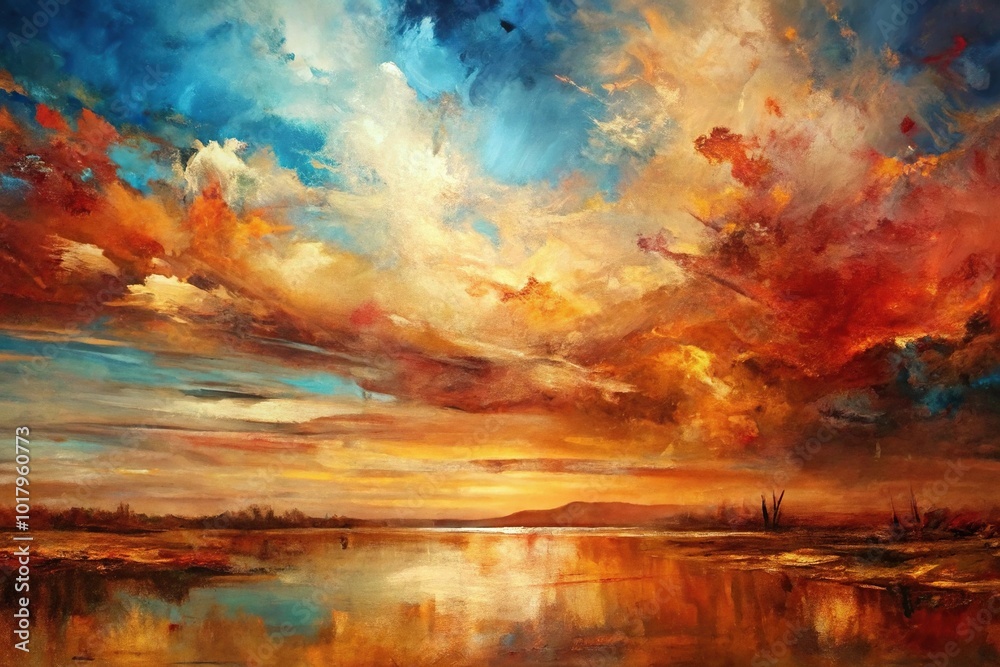 Naklejka premium abstract artistic stained painting impressionism background with brush strokes landscape rusty red brown beige sky blue Low Angle