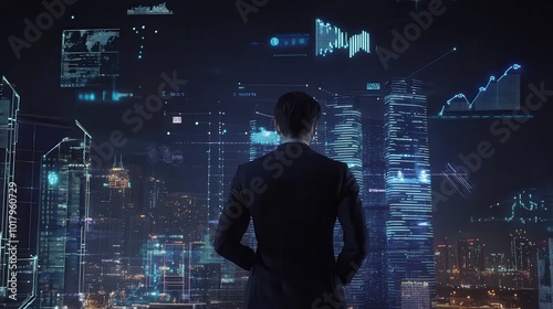 A businessman gazes at a futuristic city skyline illuminated by digital screens, symbolizing innovation and technology.