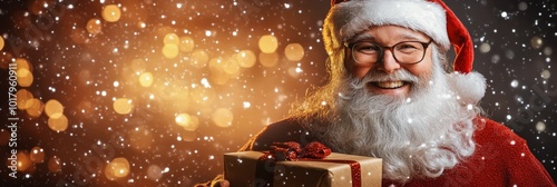 Joyful Santa Claus holds a beautifully wrapped gift against a festive, sparkl...