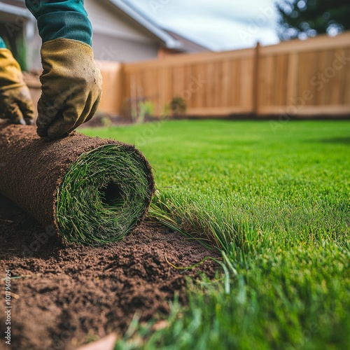Laying fresh sod in a residential yard during a sunny afternoon to enhance la...