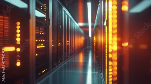 Exploring a modern server room with illuminated racks in a data center during...