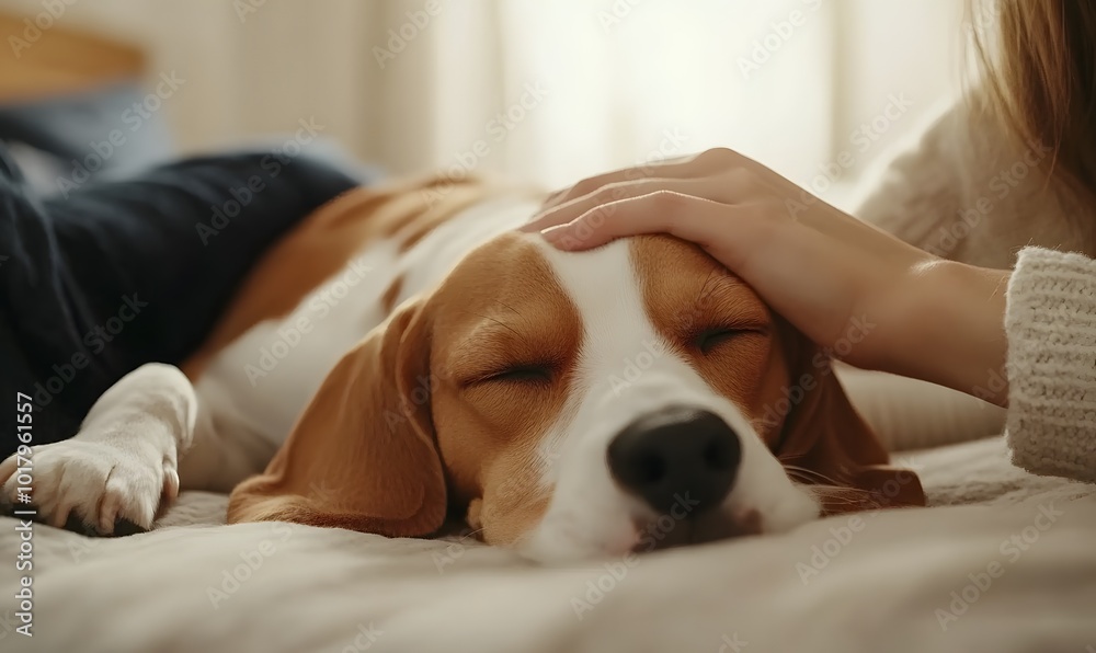 Woman's hand stroking a beagle, Generative AI Woman's hand stroking a beagle, Generative AI