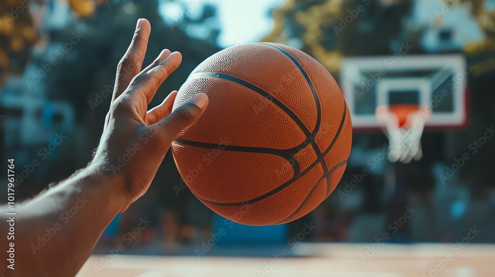 A close-up of a basketball being held in the air, ready for a shot. A close-up of a basketball being held in the air, ready for a shot.