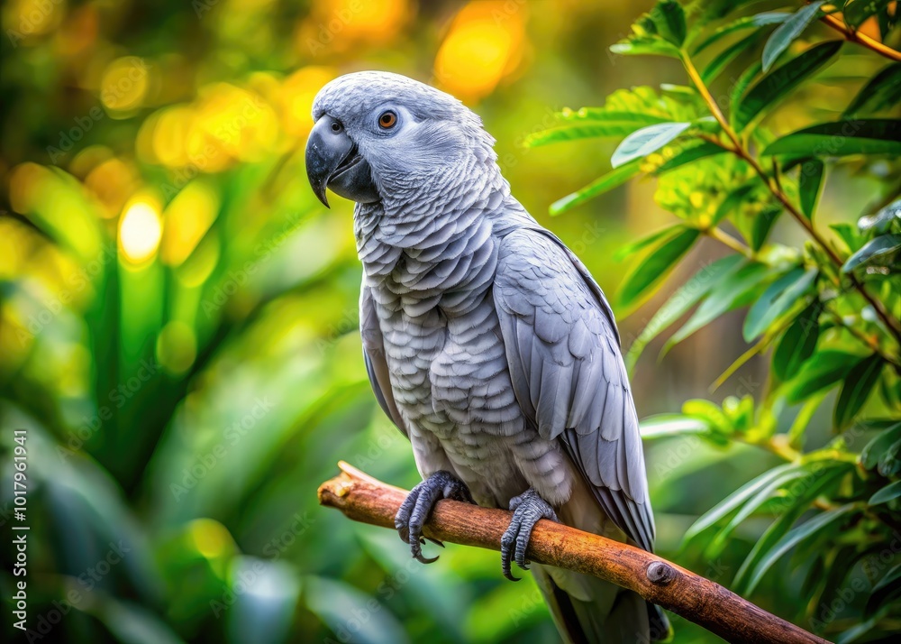 Majestic Gray Cockatoo Perched on Branch Against Lush Green Background in Natural Habitat Setting Majestic Gray Cockatoo Perched on Branch Against Lush Green Background in Natural Habitat Setting