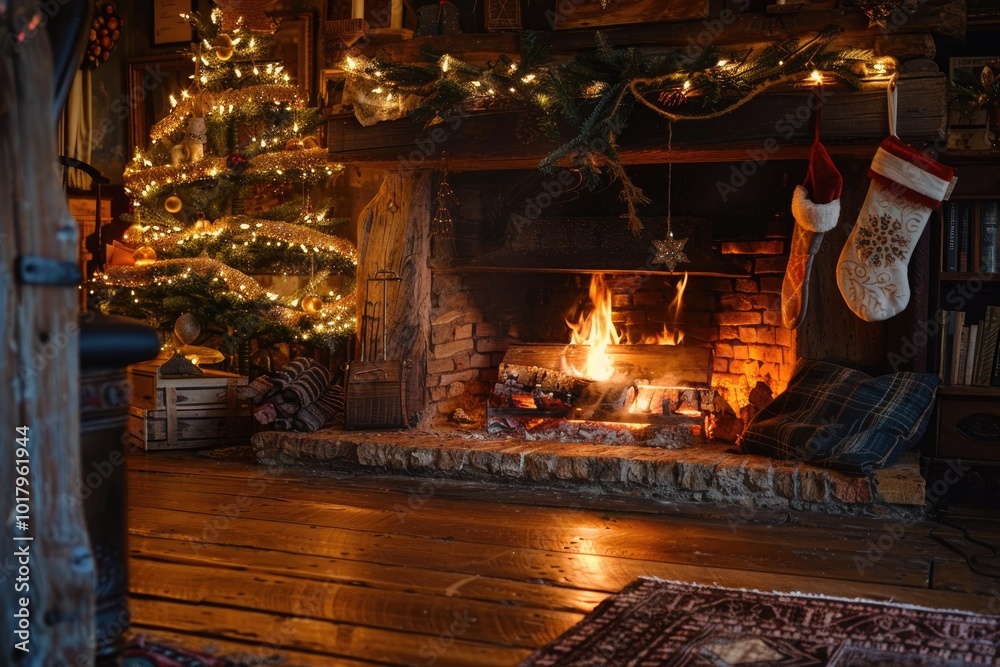 Cozy Christmas Fireplace with Stockings and Decorations