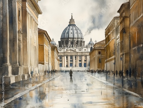 Watercolor Painting of St. Peter's Basilica in Rome