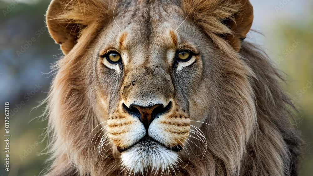 Majestic lion gazing into camera with mane flowing in the wind Majestic lion gazing into camera with mane flowing in the wind