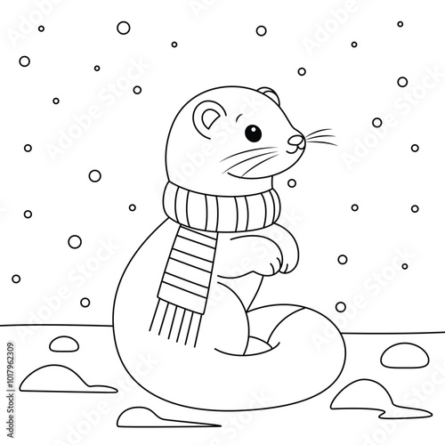 Cute ermine outline coloring page. Christmas and Winter animal illustration