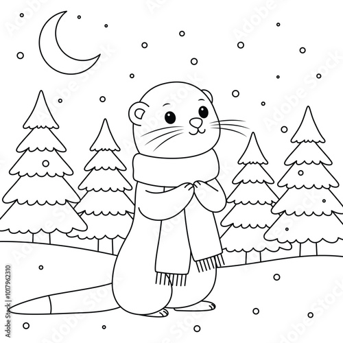 Cute ermine outline coloring page. Christmas and Winter animal illustration