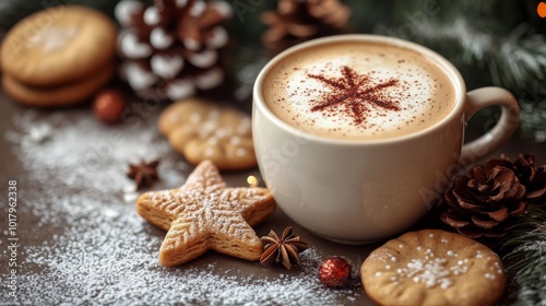 Warm cup of spiced beverage surrounded by winter decor and holiday elements on a table