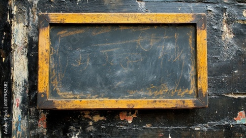 Old wooden chalkboard against a weathered wall with faded markings and vibran...