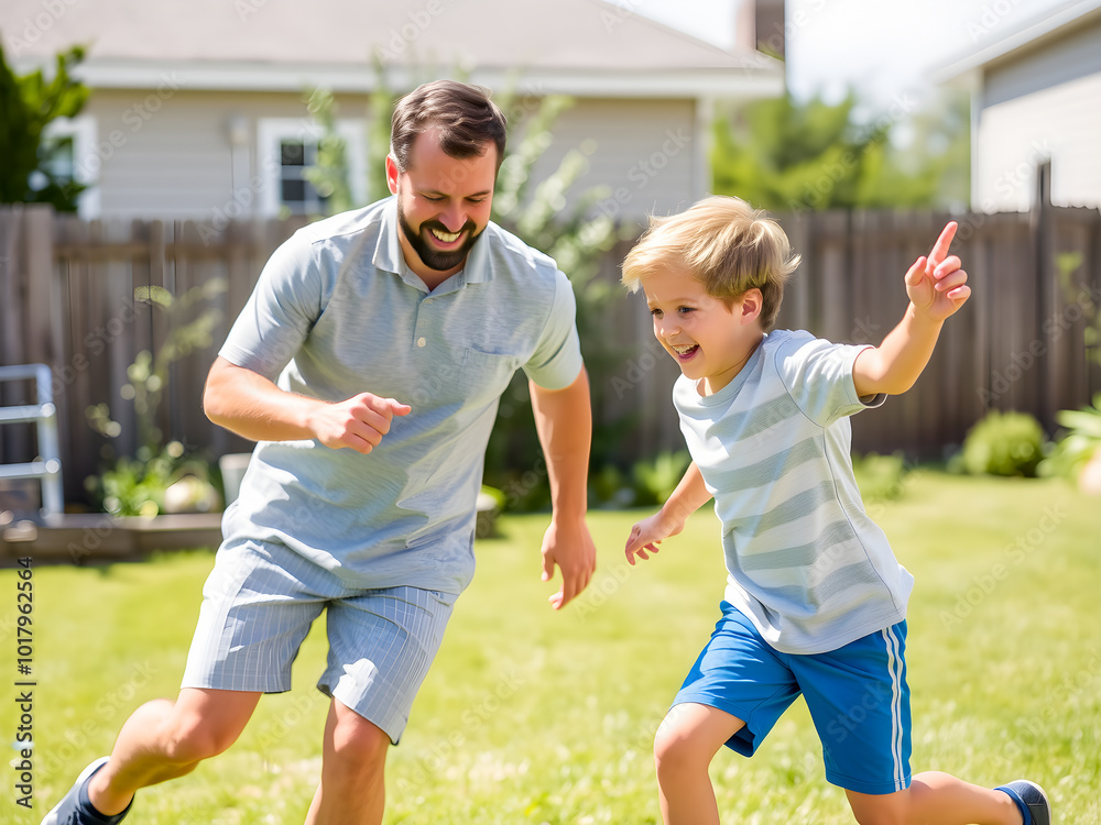 Obraz premium Father and son playing together in the backyard. Family having fun outdoors.