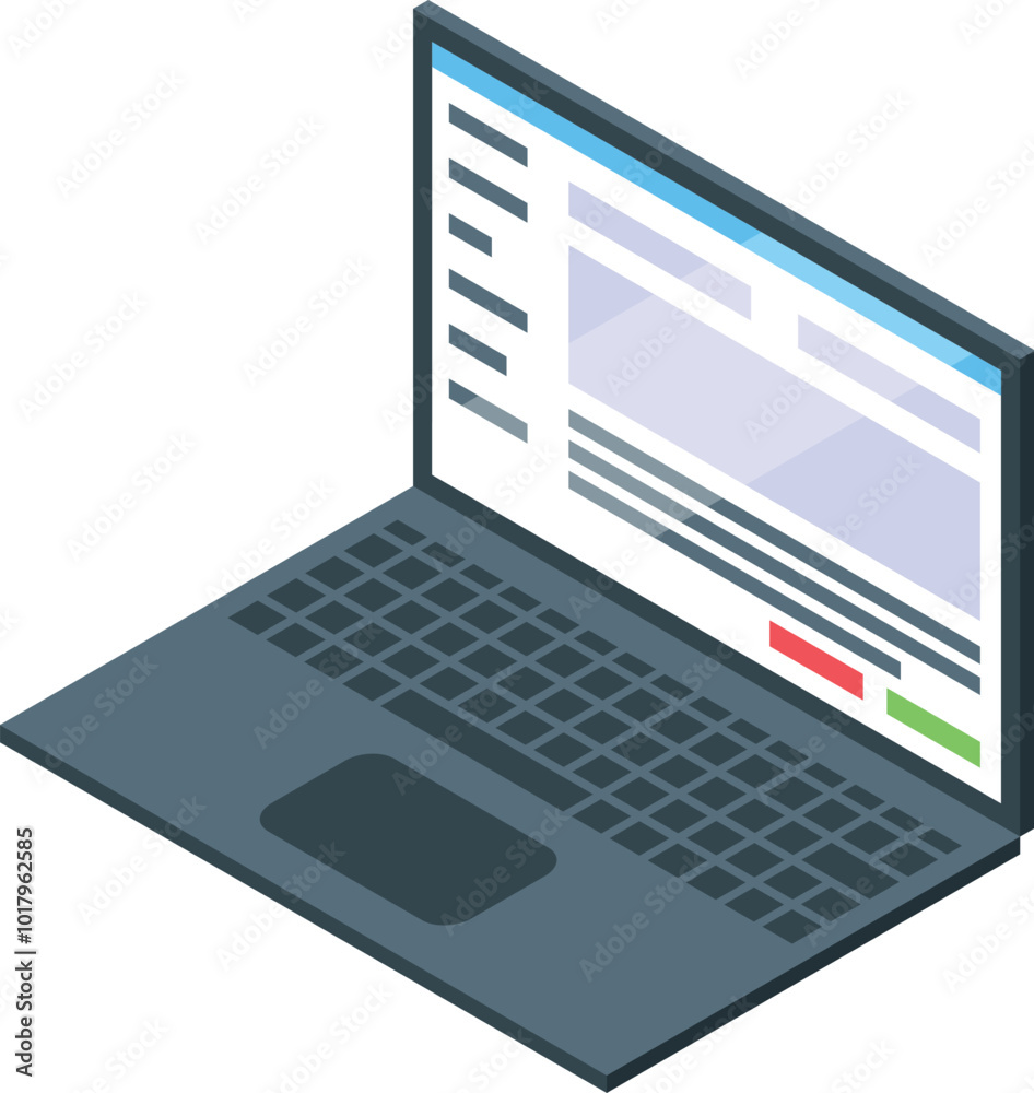 Modern laptop showing website design interface in isometric view Modern laptop showing website design interface in isometric view