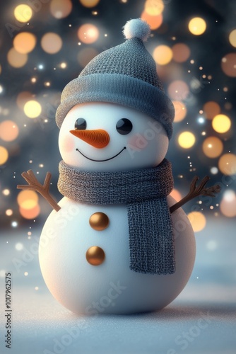 Winter snowman wearing a festive hat and scarf in a cheerful holiday setting