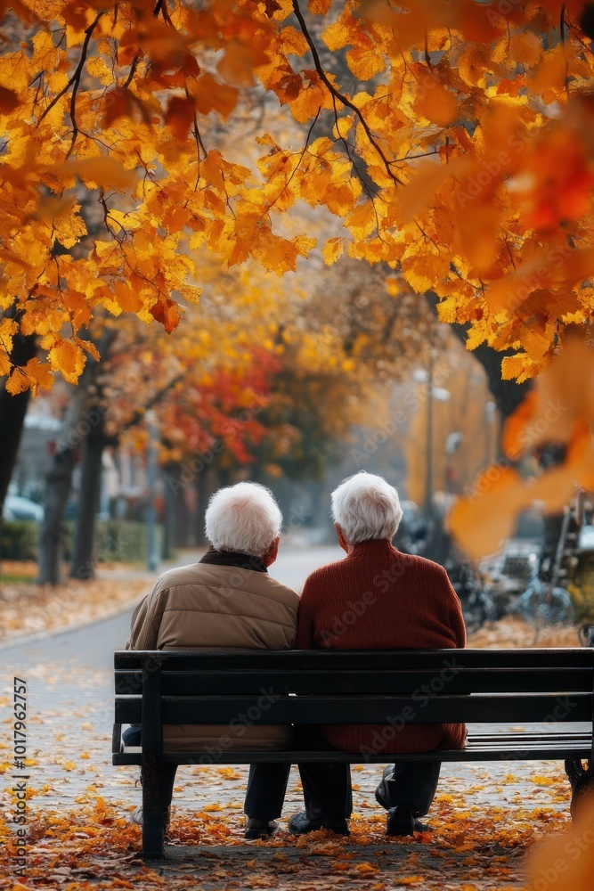 Two elderly individuals sitting on a bench, surrounded by vibrant autumn foliage. Two elderly individuals sitting on a bench, surrounded by vibrant autumn foliage.