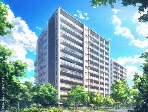 Anime Style Apartment Building in a Residential Area photo