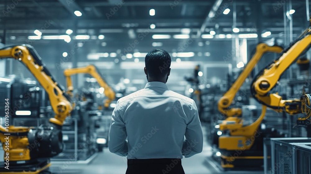 Naklejka premium Worker Observing Robot Operations in Modern Factory