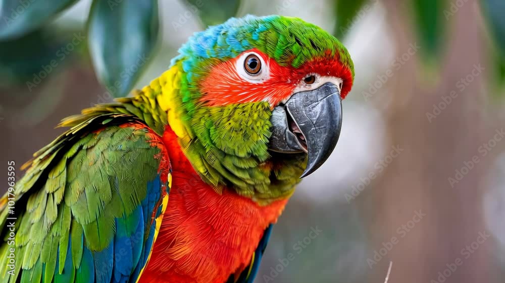 Vibrant parrot gazing curiously at the camera in a tropical setting Vibrant parrot gazing curiously at the camera in a tropical setting