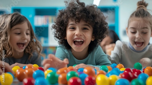 Three kids are playing with colorful balls.