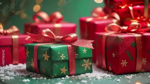 Falling Christmas Presents on the snow and surrounded by blurred light decoration 