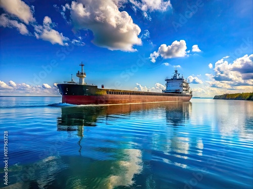 Majestic Great Lakes Freighter Navigating Calm Waters Under Clear Blue Skies in Scenic Landscape