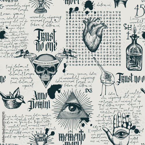 Vintage hand-drawn seamless pattern on occultism, masonic and witchcraft. Abstract background with handwritten text lorem ipsum. Latin phrases translated Think about death, From Nativity of Christ