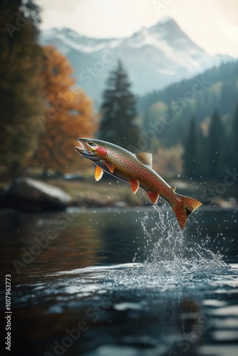 Rainbow trout jumping out of clear water with mountains in the background dur...