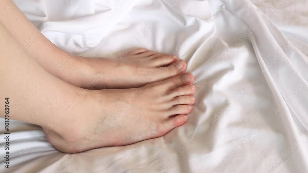 Female legs in bed on white sheets close-up. Female feet. Bare feet of a girl peeking out from under the blanket. Legs wiggling their toes on white bed linen. Rest Female legs in bed on white sheets close-up. Female feet. Bare feet of a girl peeking out from under the blanket. Legs wiggling their toes on white bed linen. Rest