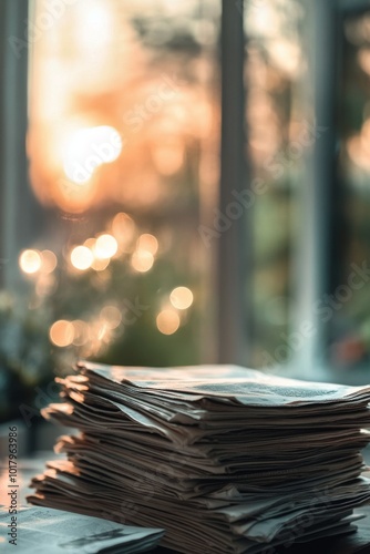 Stacked newspapers on a table surrounded by greenery in a cozy outdoor setting