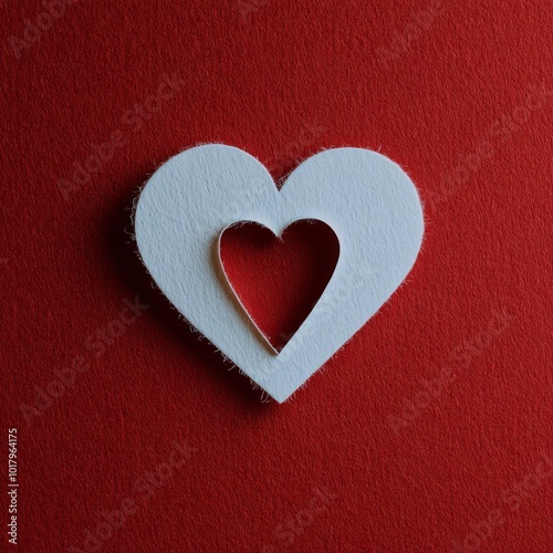 Heart shape cut out from white felt on vibrant red textured background