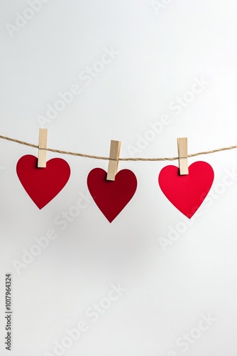 Colorful paper hearts hanging from twine against a neutral background in a cozy setting