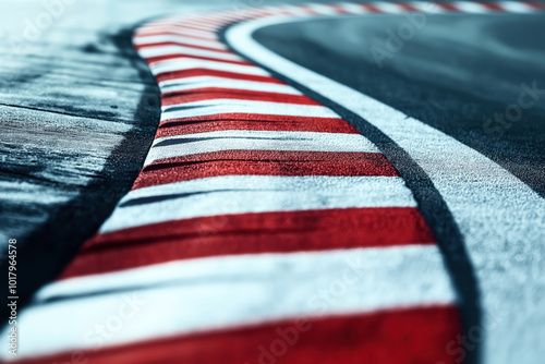 Close-up of a racing track curb with red and white stripes, showing the texture of the asphalt and the curve of the track. Ideal for motorsport or racing-related themes. photo