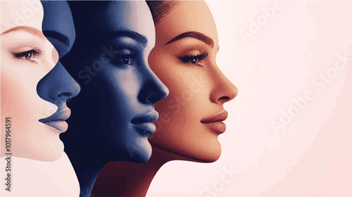 A stylized vector of multiple overlapping side profiles in gradient tones, symbolizing unity in diversity. Ideal for modern designs and diversity-themed projects.