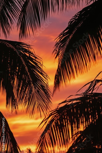 Vibrant sunset over palm trees with colorful sky at tropical beach during eve...