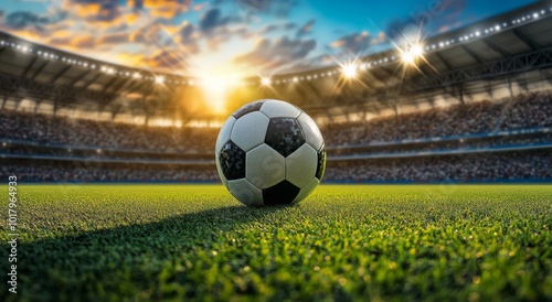 A close-up view of a soccer ball resting on a vibrant green pitch during sunset at a stadium photo