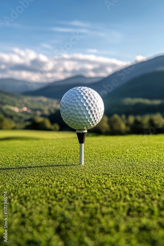A golfer prepares to tee off on a lush green course surrounded by mountains i...