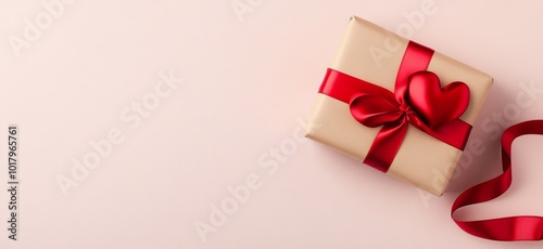 White gift box with a red heart-shaped bow on a soft pink background for a ro...