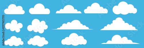 Set of cartoon clouds in flat design. White cloud collection. Abstract cloudy set isolated on blue background. Vector illustration
