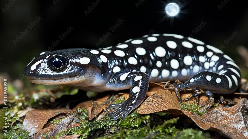 A close-up of a spotted amphibian on leaves in a dark environment. A close-up of a spotted amphibian on leaves in a dark environment.