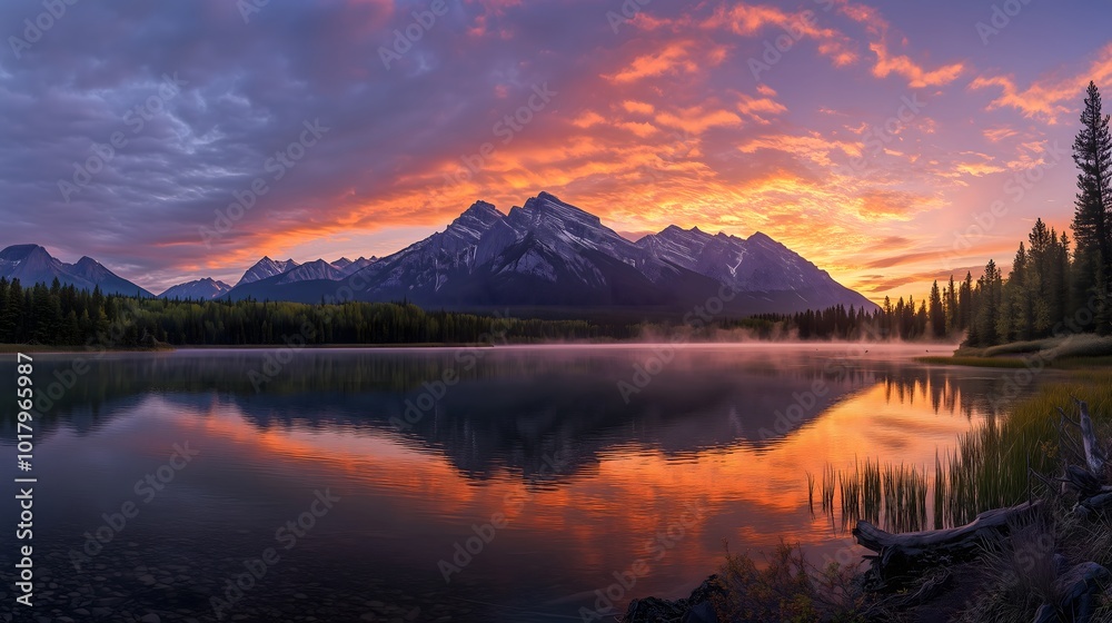 Fototapeta premium Beautiful orange sunset over calm river reflects on sky and clouds
