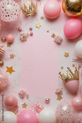 Decorative pink background with balloons and crowns for a festive celebration
