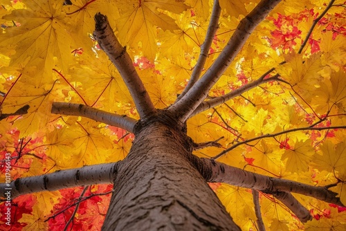 Vibrant autumn foliage viewed from the base of a tree on a clear sunny day in...