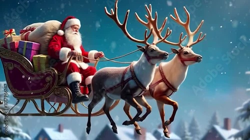 Santa Claus with His Reindeer and Sleigh Full of Christmas Gifts Flying Over a Snow-Covered City