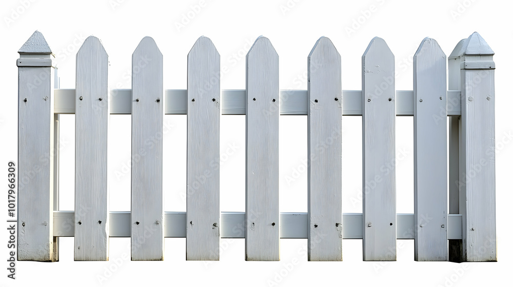 A simple white picket fence with pointed tops. A simple white picket fence with pointed tops.