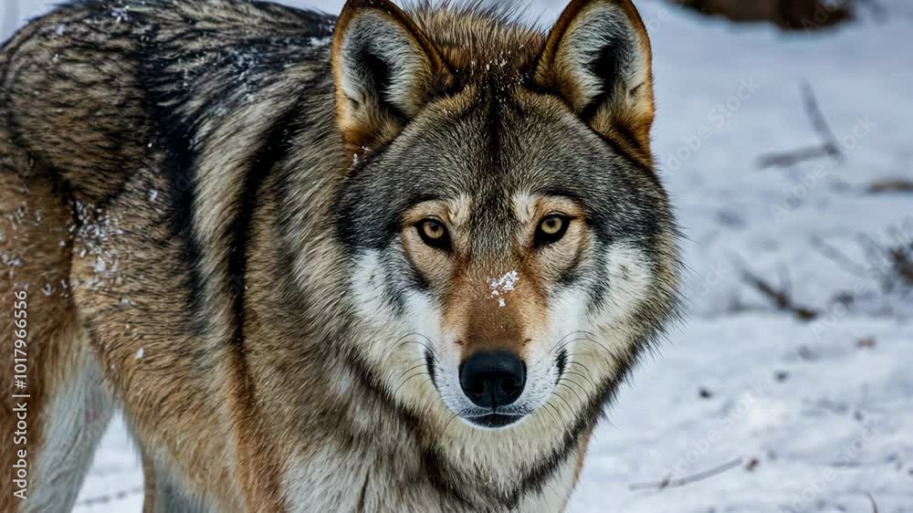 Wolf standing in snow gazing intensely into camera with snow-covered fur Wolf standing in snow gazing intensely into camera with snow-covered fur