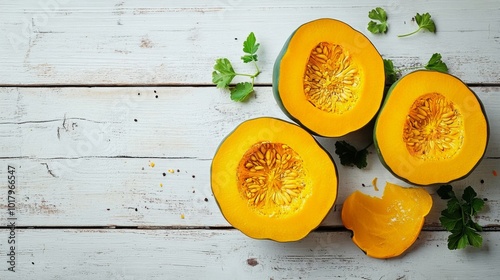 Bright yellow pumpkins surrounded by autumn leaves on a rustic wooden table i...