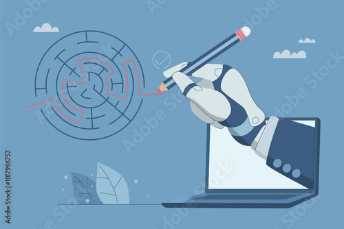 Complex problem solving skills, Using artificial intelligence or AI to promote ideas and creativity, Solving problems to achieve business goals. Robotic hand writes a path out of a maze. Vector.